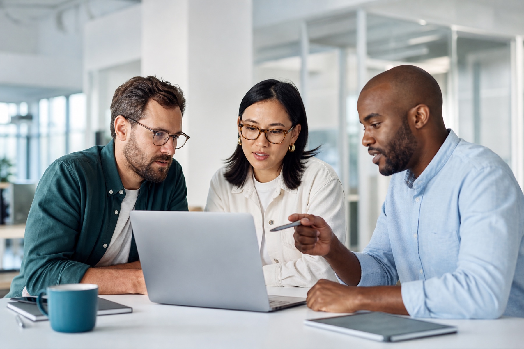 Three software professionals collaborating around a laptop in a bright office